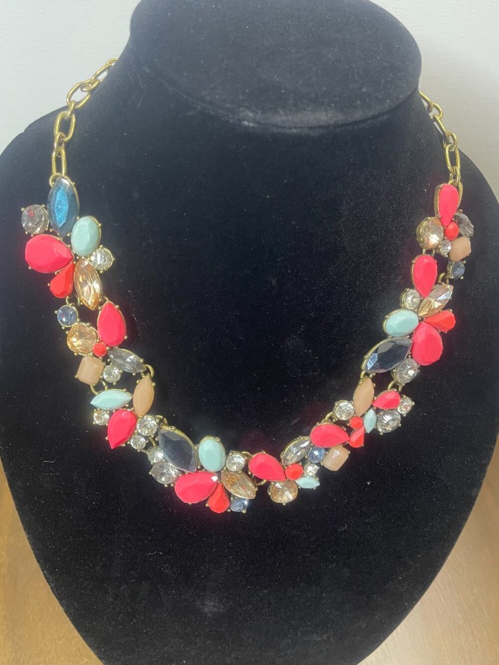 J Crew Statement Necklace - Pink and Navy Rhinestone - Chunky Necklace